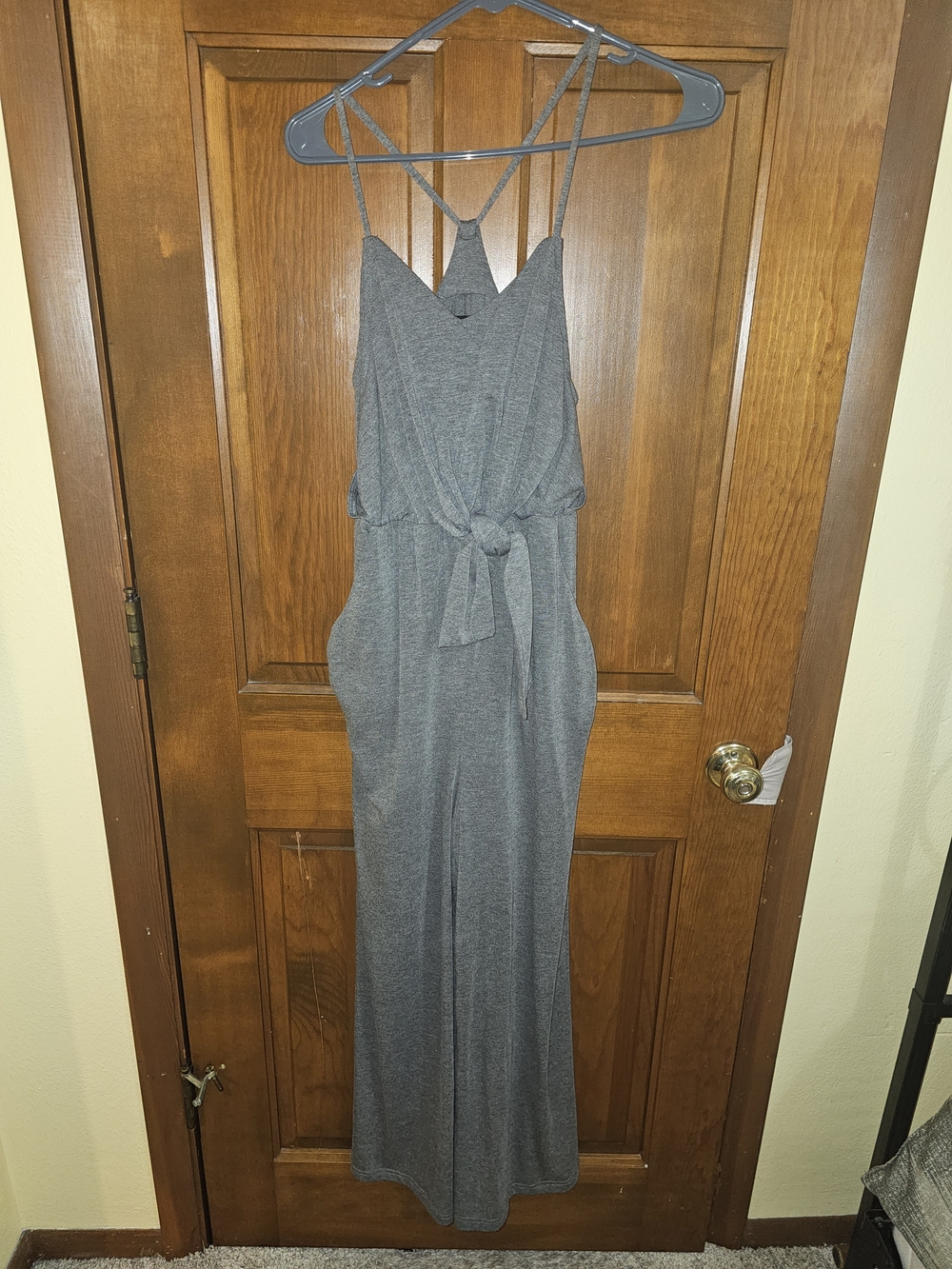 Very J Gray Strappy Wide-Leg Jumpsuit with Tie Waist
